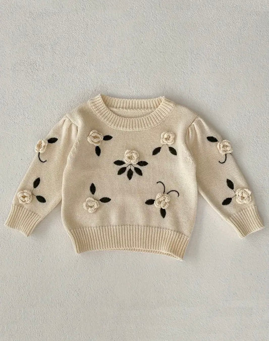 Ivory Rose Knit Sweater – Toddler Girl Floral Pullover