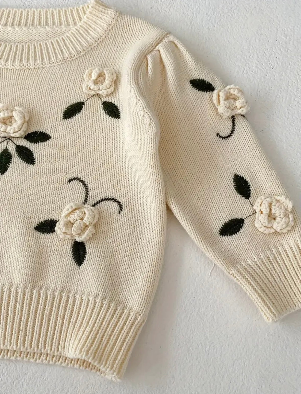 Ivory Rose Knit Sweater – Toddler Girl Floral Pullover