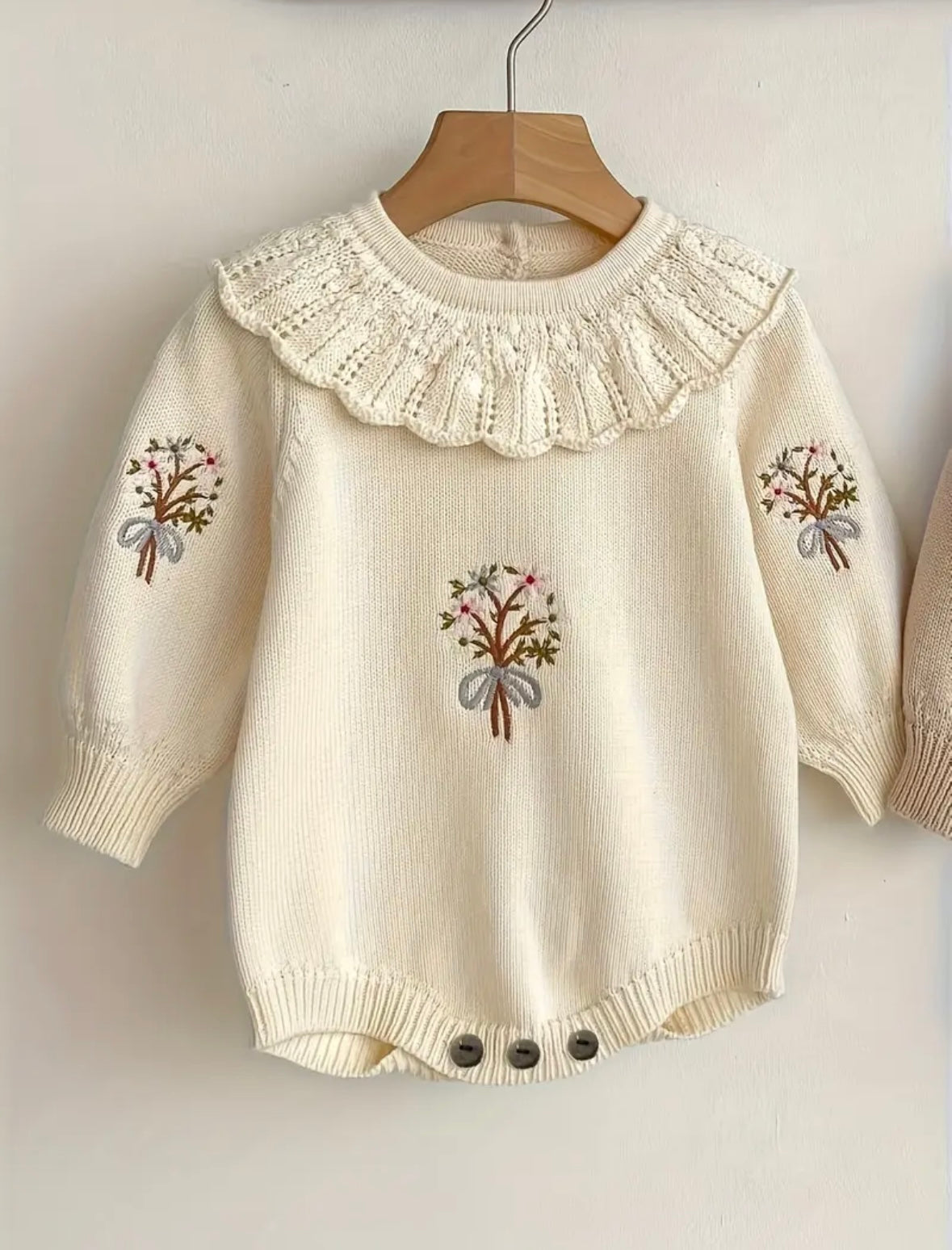 Vintage Floral Embroidered Knit Baby Romper – Ivory Cream