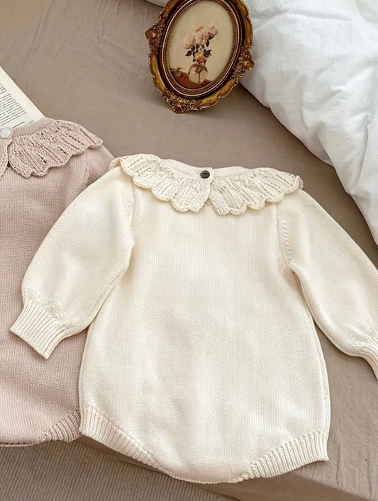 Vintage Floral Embroidered Knit Baby Romper – Ivory Cream