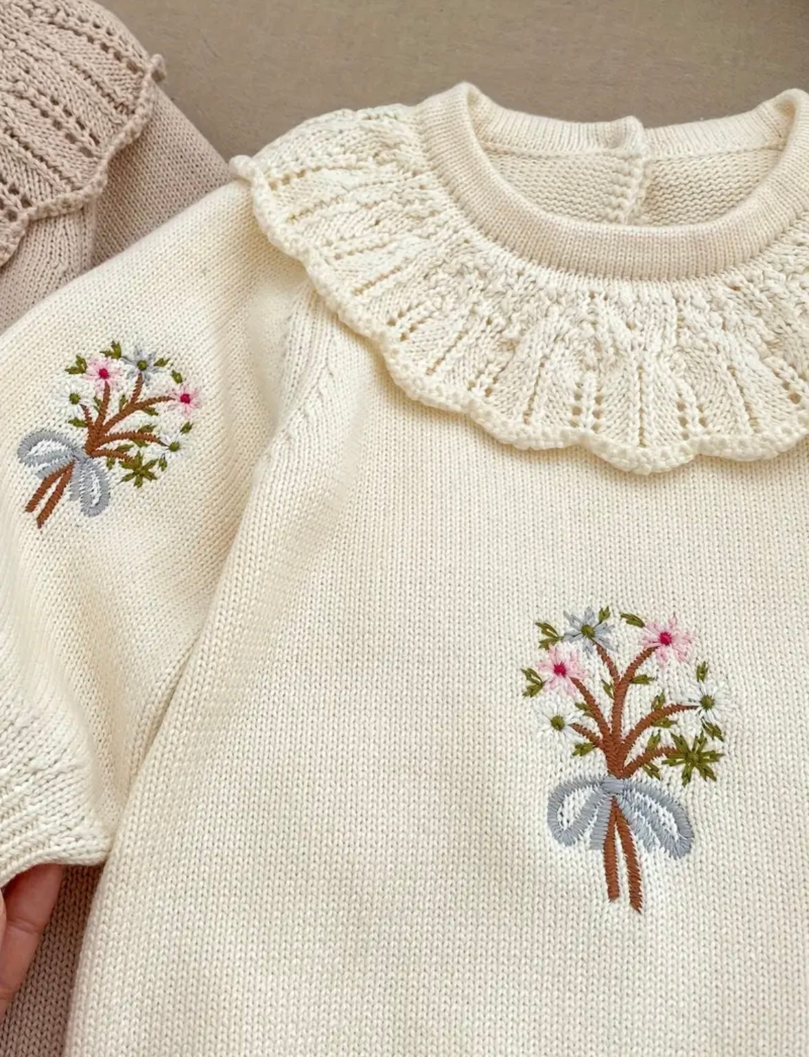 Vintage Floral Embroidered Knit Baby Romper – Ivory Cream