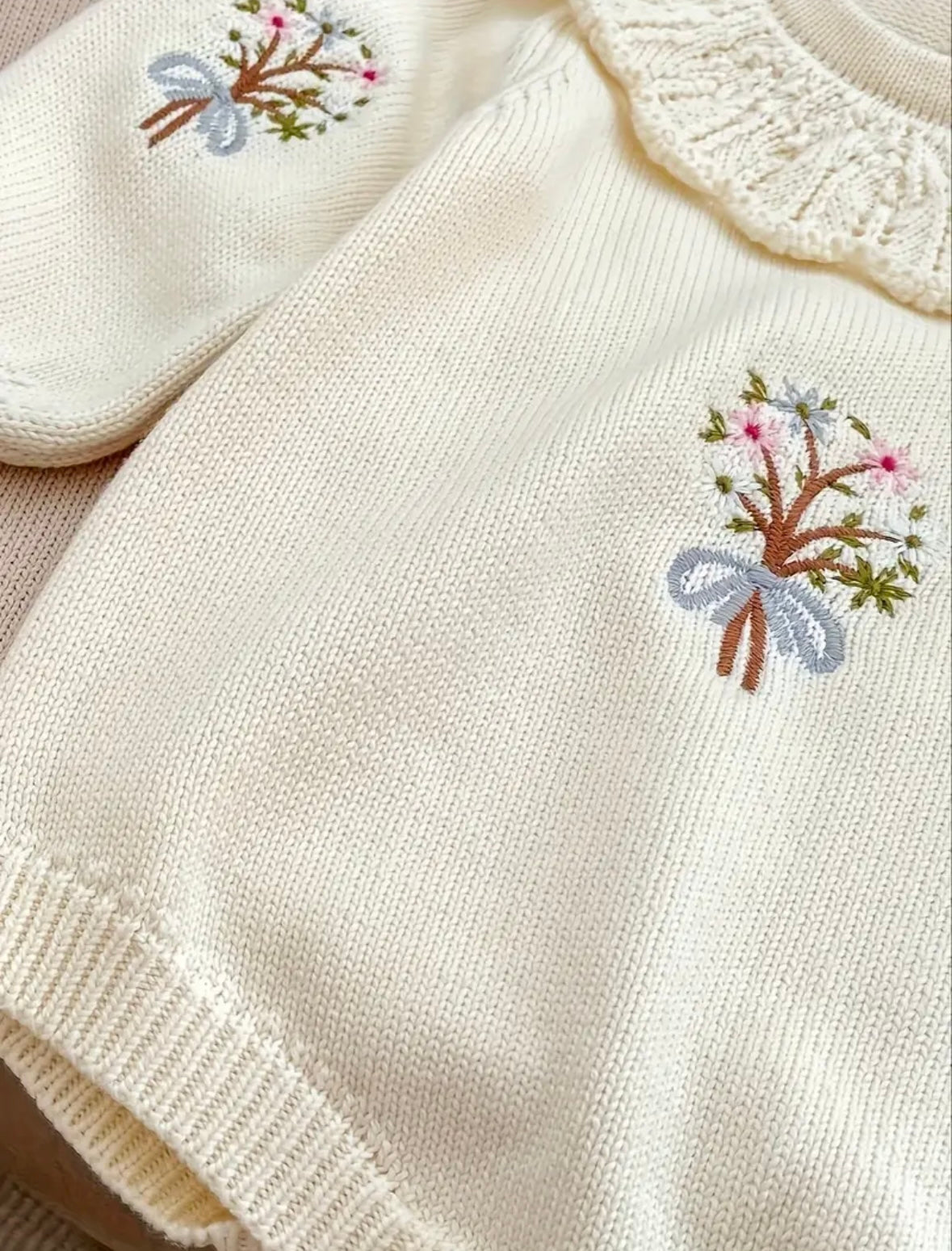 Vintage Floral Embroidered Knit Baby Romper – Ivory Cream