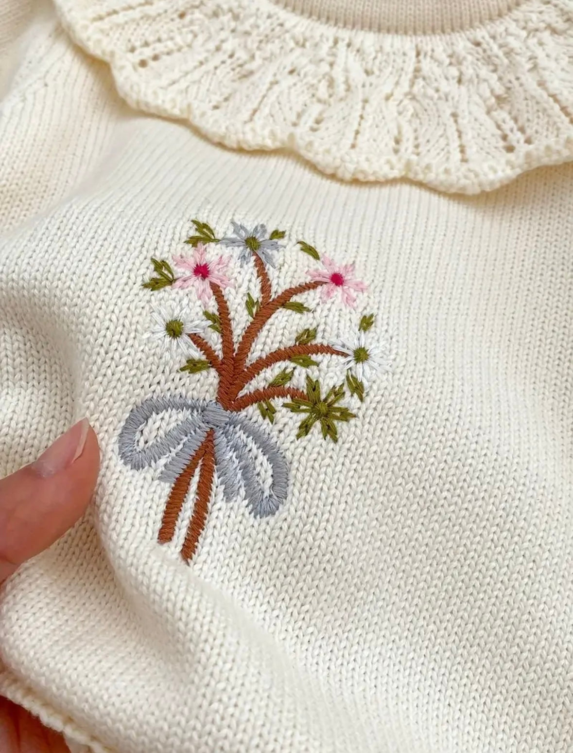 Vintage Floral Embroidered Knit Baby Romper – Ivory Cream
