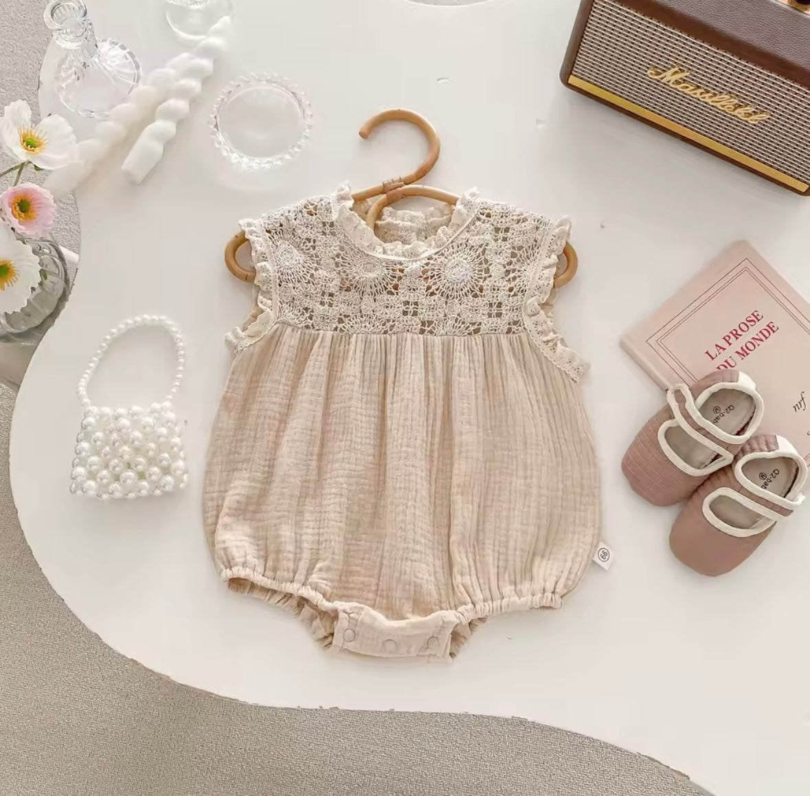 🩰 Lace Dreams Baby Romper In Soft Beige