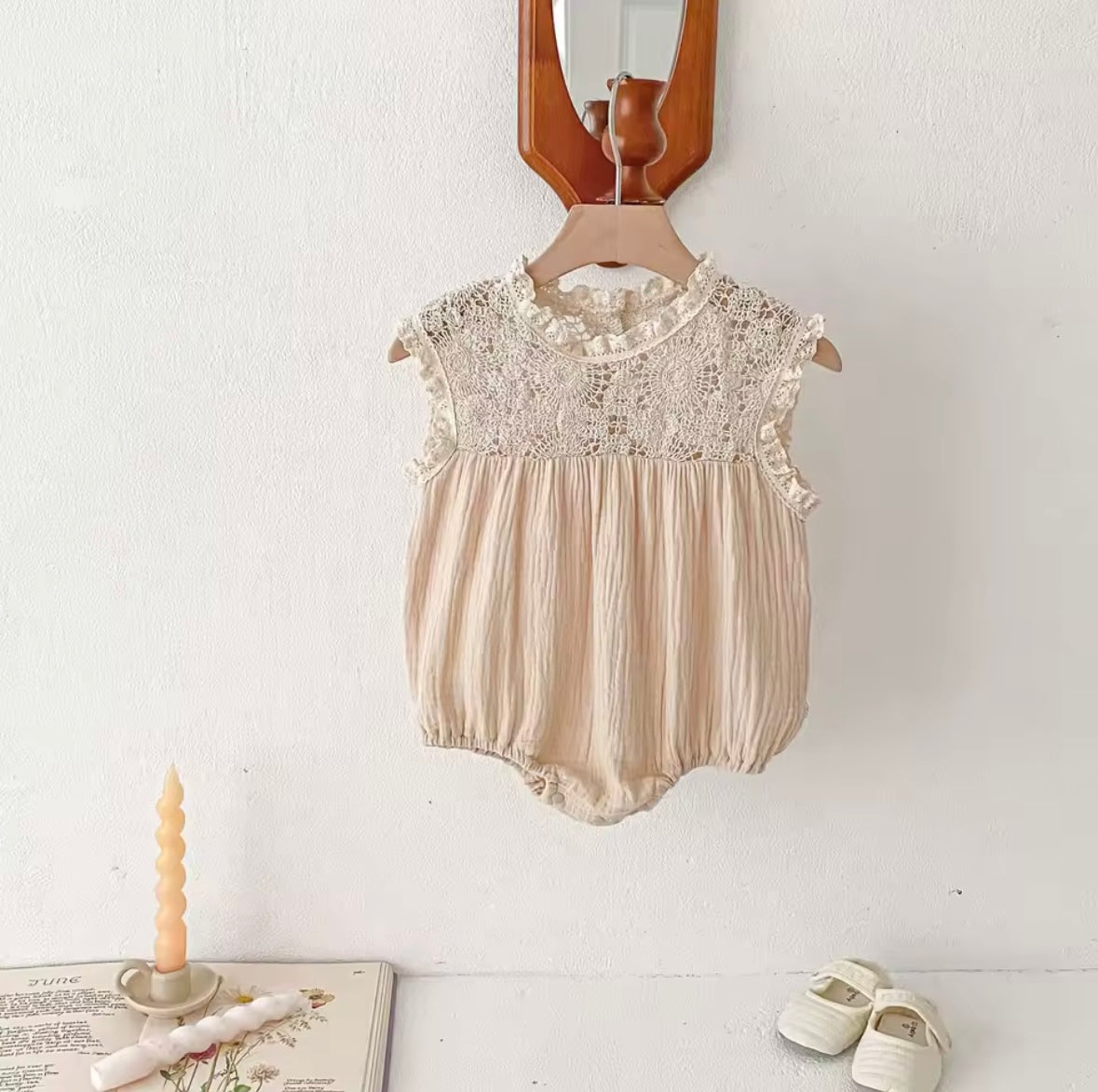 🩰 Lace Dreams Baby Romper In Soft Beige