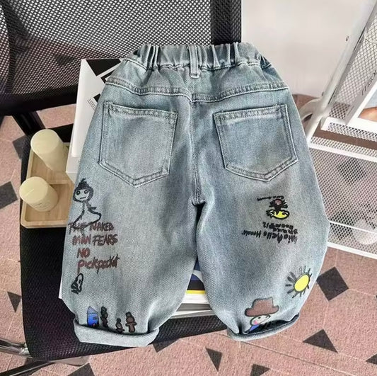 KTZ Kids Graffiti Patchwork Denim Jeans – Unisex Street Style