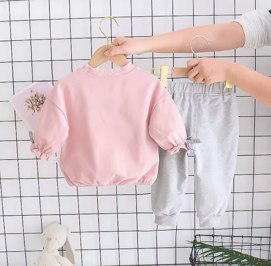 Blush Bloom Toddler Lounge Set – Pink Floral Sweatshirt + Gray Pants