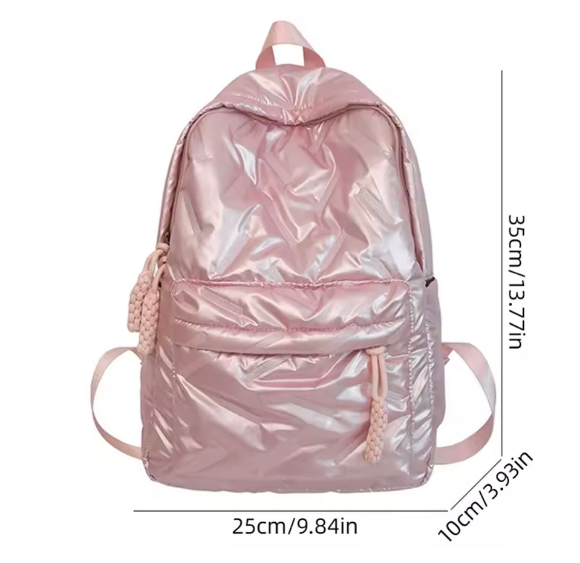Premium Glossy Pink Quilted Backpack – Lightweight, Stylish & Functional with Braided Zipper Pulls (40cm)