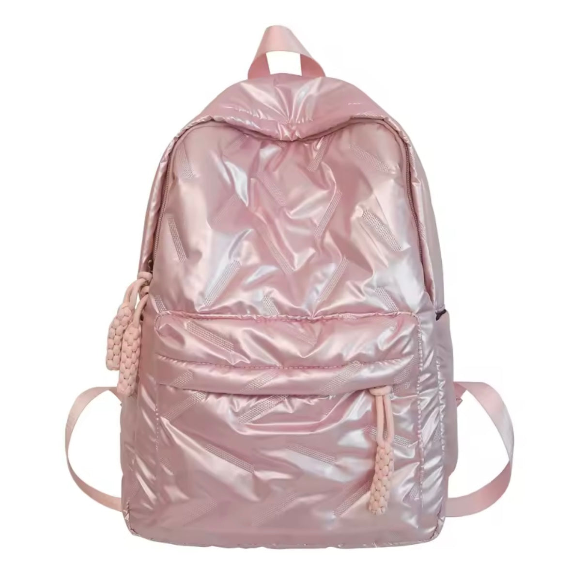 Premium Glossy Pink Quilted Backpack – Lightweight, Stylish & Functional with Braided Zipper Pulls (40cm)