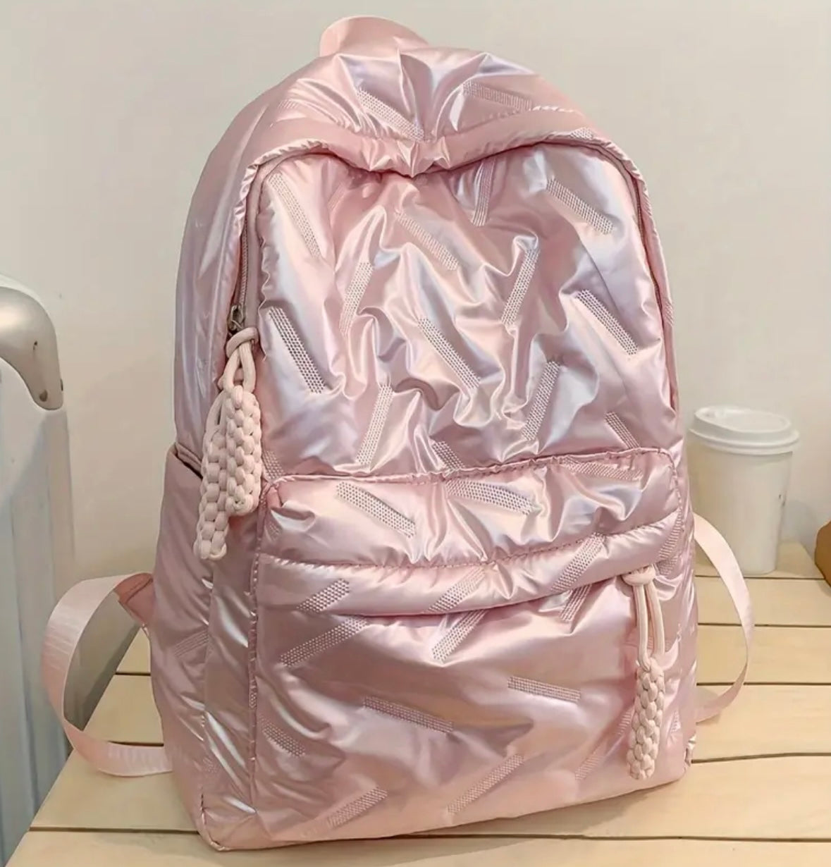 Premium Glossy Pink Quilted Backpack – Lightweight, Stylish & Functional with Braided Zipper Pulls (40cm)
