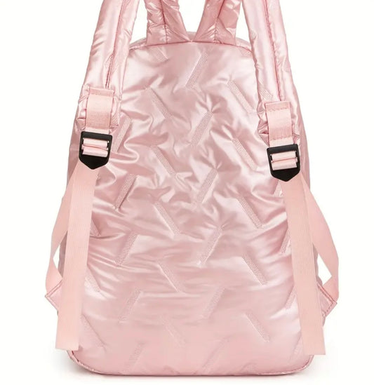 Premium Glossy Pink Quilted Backpack – Lightweight, Stylish & Functional with Braided Zipper Pulls (40cm)