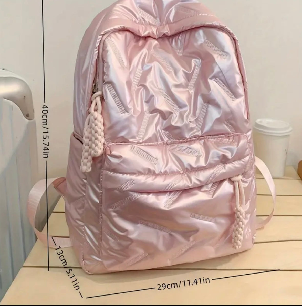 Premium Glossy Pink Quilted Backpack – Lightweight, Stylish & Functional with Braided Zipper Pulls (40cm)