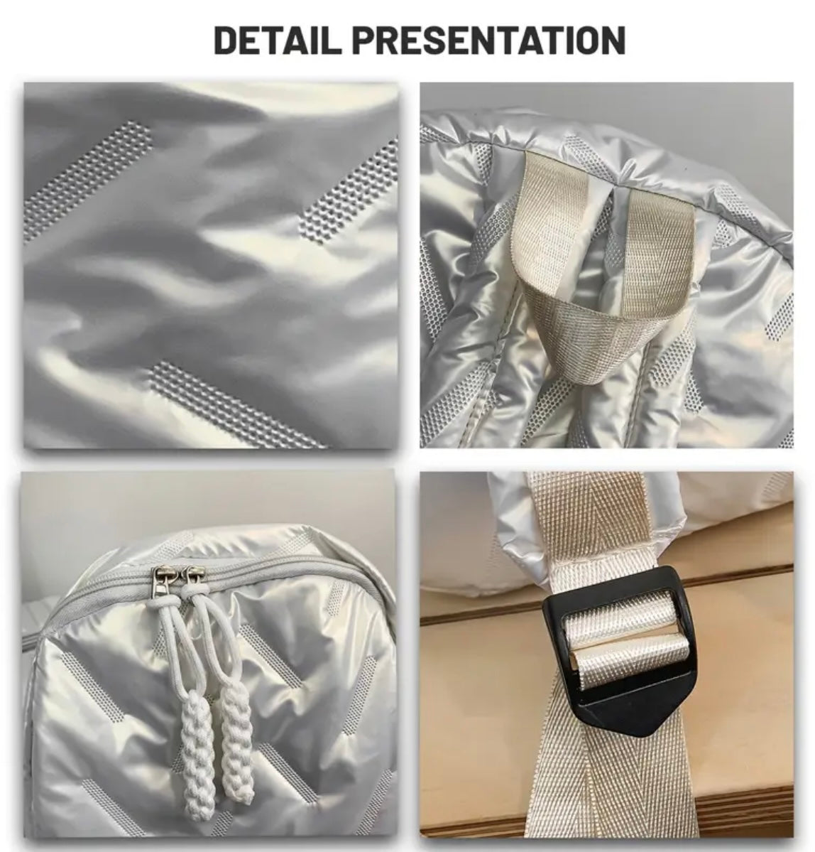 Premium Glossy silver Quilted Backpack – Lightweight, Stylish & Functional with Braided Zipper Pulls (40cm)