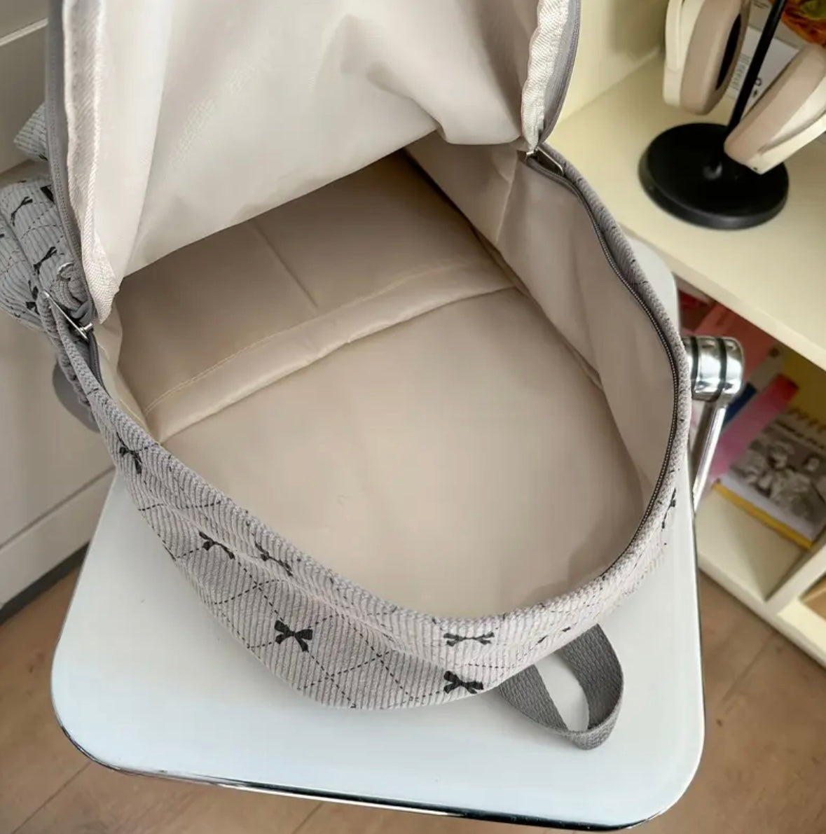 Gray Bow Quilted Backpack – Soft Corduroy Aesthetic with Spacious Design (16.1”)