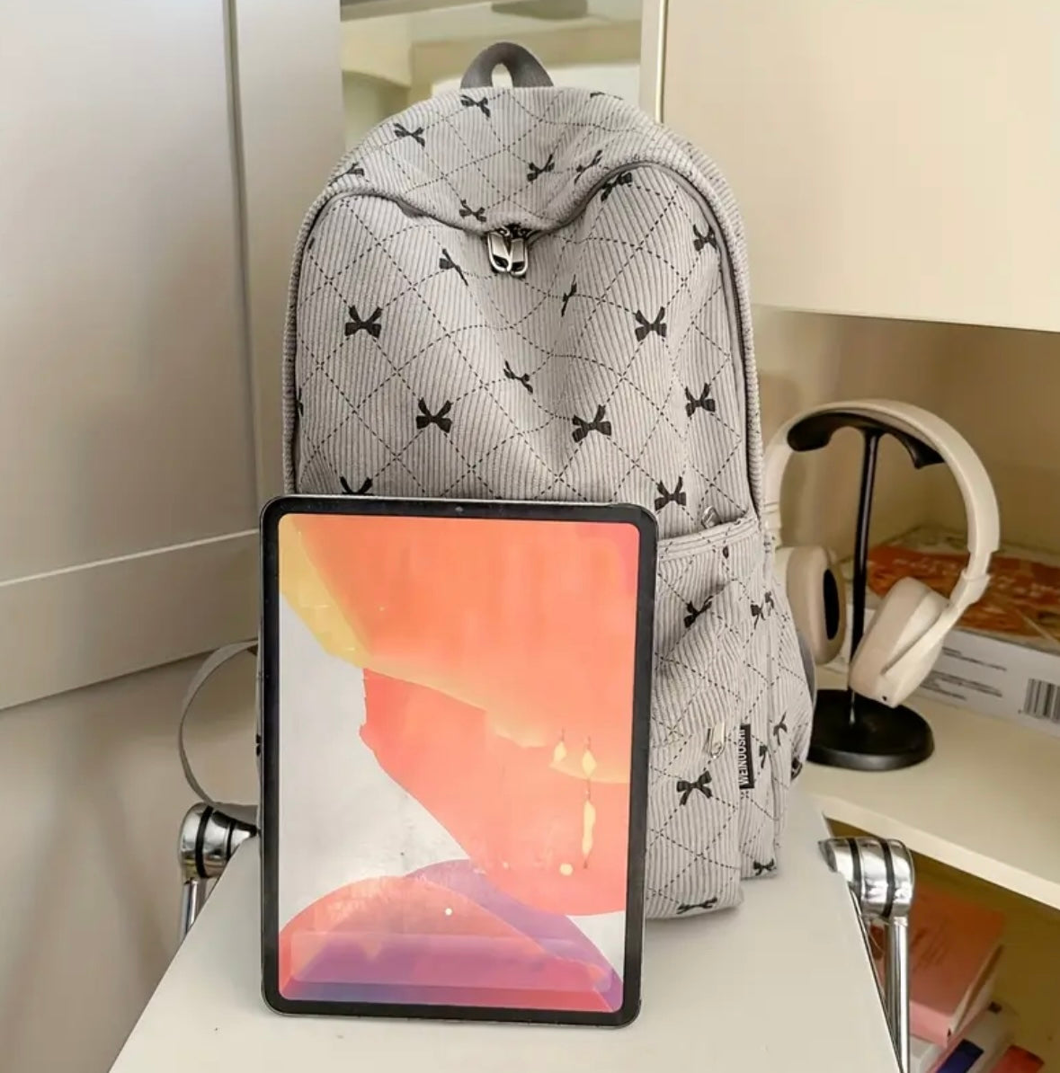 Gray Bow Quilted Backpack – Soft Corduroy Aesthetic with Spacious Design (16.1”)