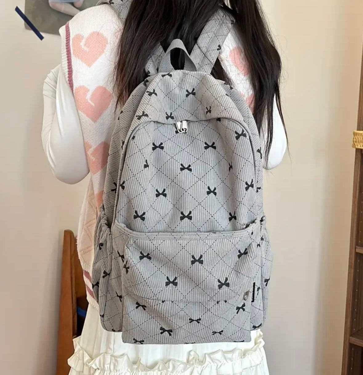 Gray Bow Quilted Backpack – Soft Corduroy Aesthetic with Spacious Design (16.1”)