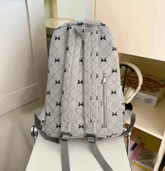 Gray Bow Quilted Backpack – Soft Corduroy Aesthetic with Spacious Design (16.1”)
