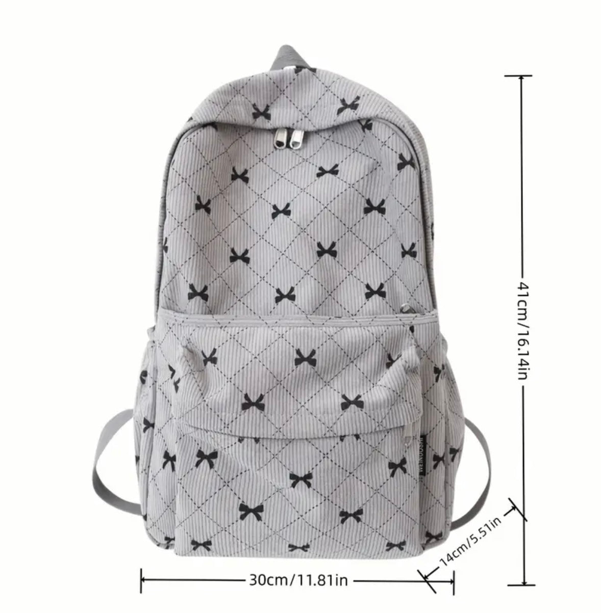 Gray Bow Quilted Backpack – Soft Corduroy Aesthetic with Spacious Design (16.1”)