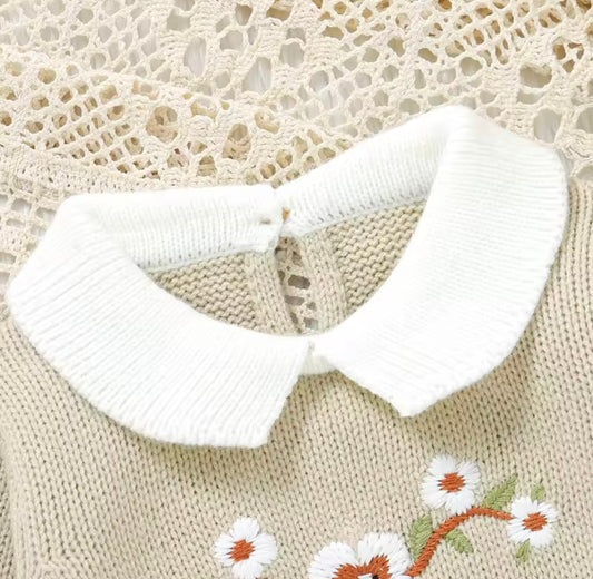 👶 Shopify Product Title:
Light Olive Knit Baby Romper – 3M | Floral Embroidery & White Collar