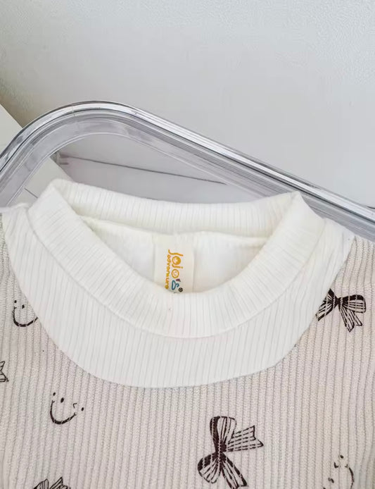 Bow Print Knit Baby Girl Dress – Cream Long Sleeve One-Piece (Size 2–3Y)