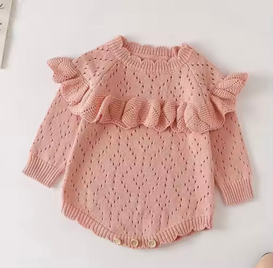 Blush Ruffle Knit Baby Romper – 100% Cotton Long Sleeve (3–6M)