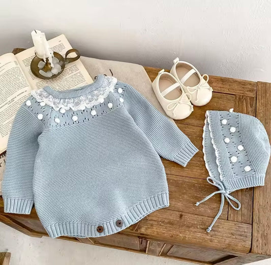 Premium Baby Girl Blue Knit Romper with Bonnet – Lace Collar & Pom Detail