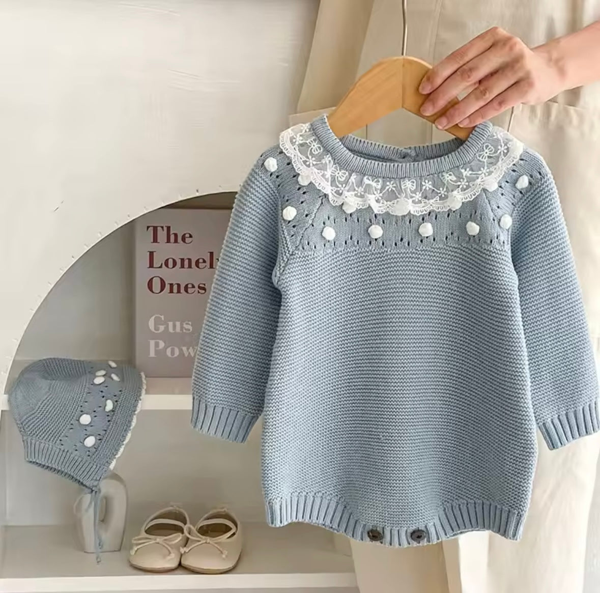 Premium Baby Girl Blue Knit Romper with Bonnet – Lace Collar & Pom Detail