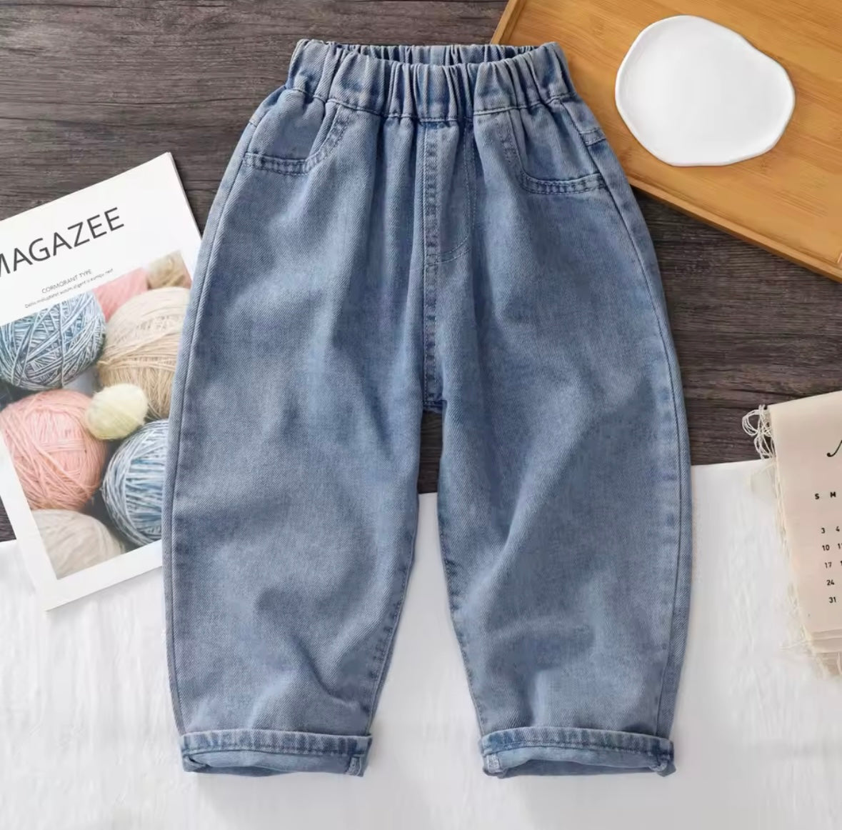 Light Blue Denim Jeans with Cartoon Dog Pocket – Unisex Casual Pants. Size12-18 months