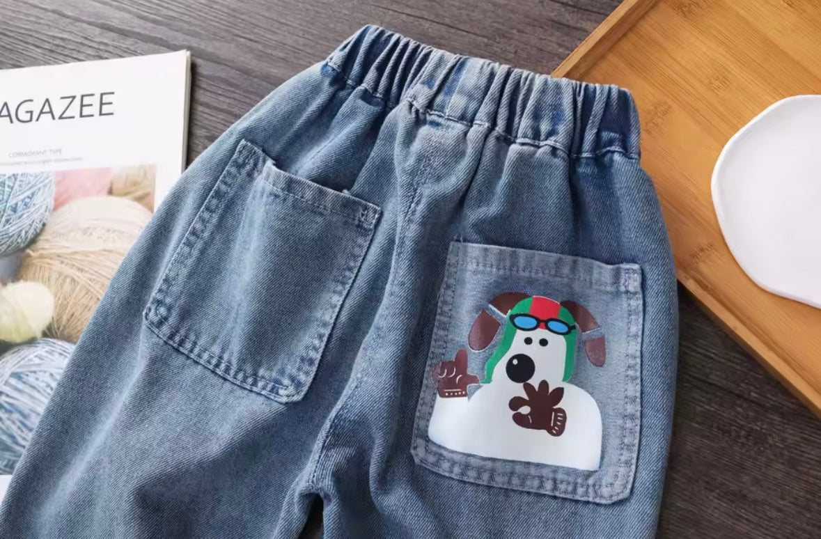 Light Blue Denim Jeans with Cartoon Dog Pocket – Unisex Casual Pants. Size12-18 months