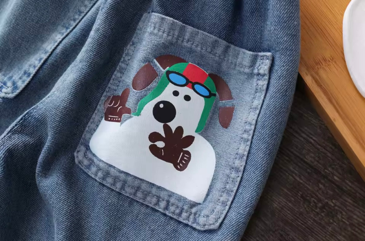 Light Blue Denim Jeans with Cartoon Dog Pocket – Unisex Casual Pants. Size12-18 months