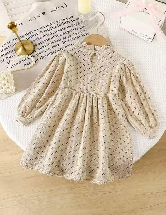 Girls’ Beige Knit Eyelet Dress – Long Sleeve Scalloped Hem. Available in Sizes 2T and 3T