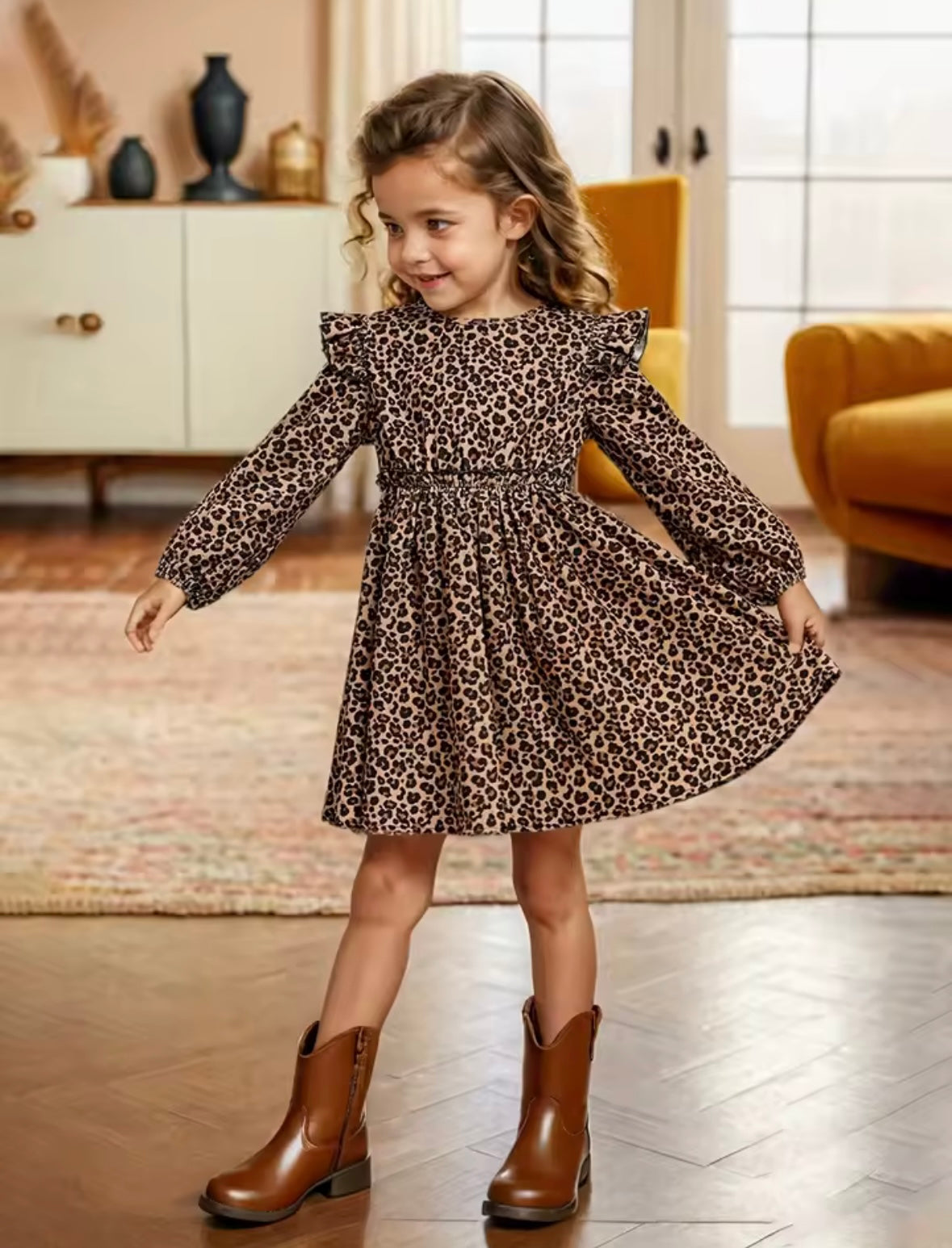 Girls’ Leopard Print Ruffle Long Sleeve Dress – Smocked Waist