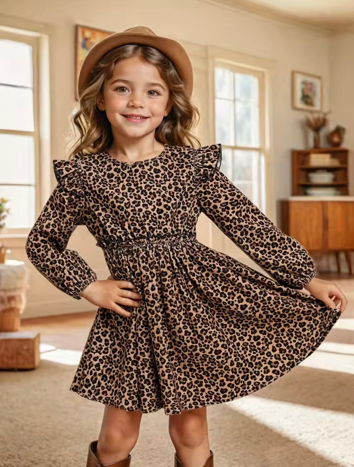 Girls’ Leopard Print Ruffle Long Sleeve Dress – Smocked Waist