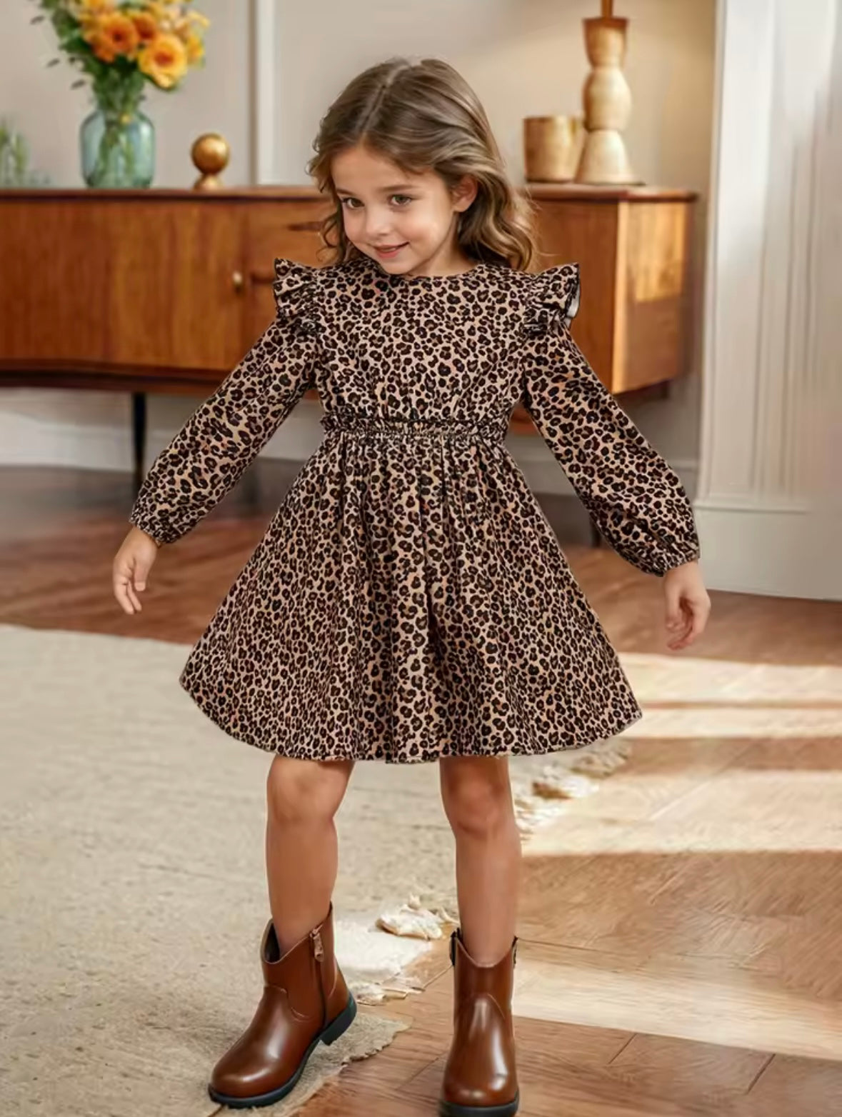 Girls’ Leopard Print Ruffle Long Sleeve Dress – Smocked Waist