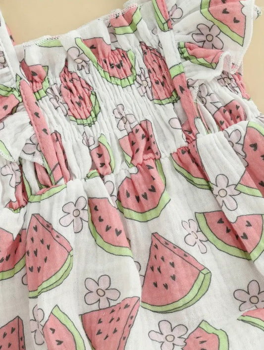 Baby Girl Watermelon Print Ruffle Romper & Headband Set. Size 0-3months