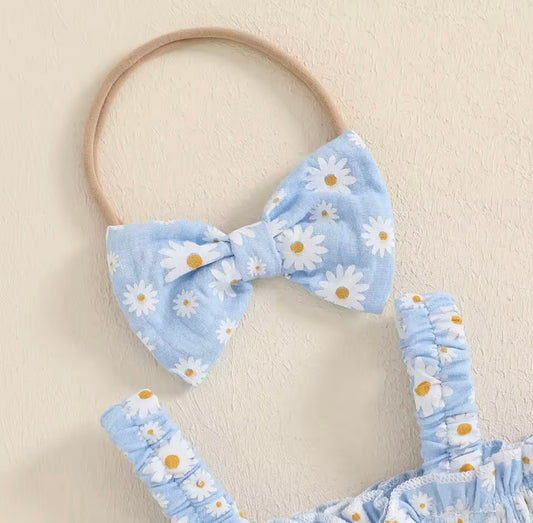 Blue Daisy Smocked Baby Romper – with Matching Headband. Size 3-6months