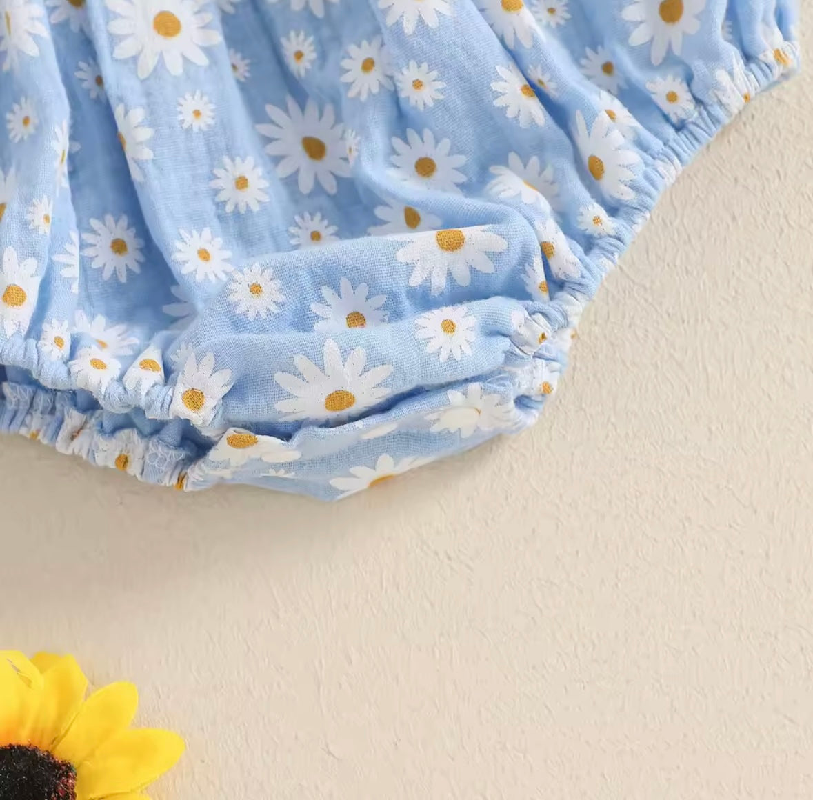 Blue Daisy Smocked Baby Romper – with Matching Headband. Size 3-6months