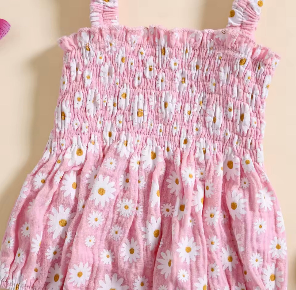 Pink Daisy Smocked Baby Romper – with Matching Headband. Size 3-6months