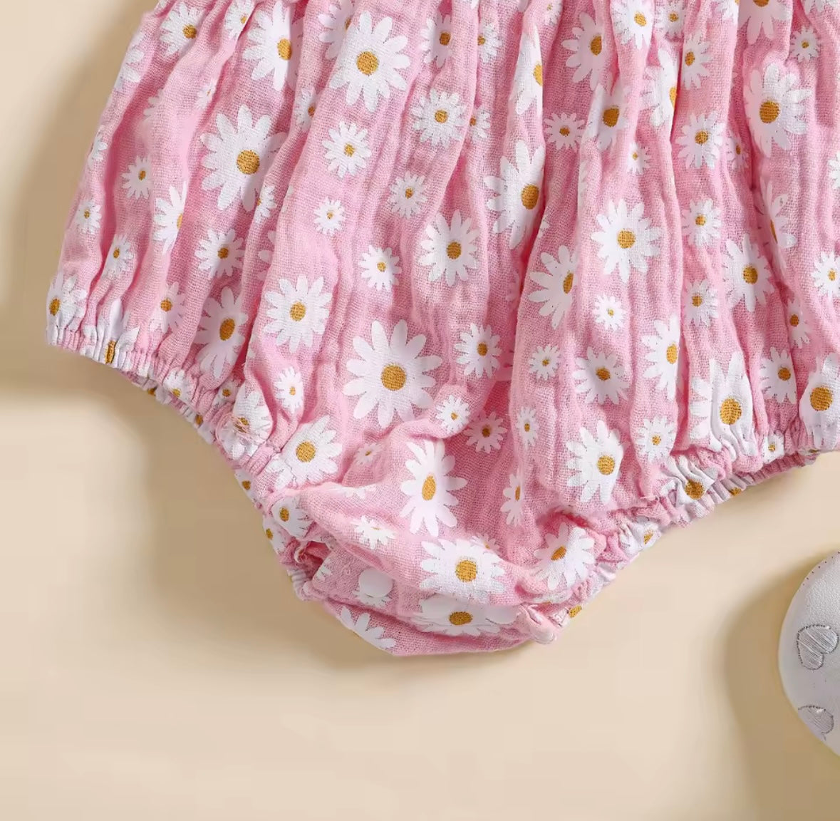 Pink Daisy Smocked Baby Romper – with Matching Headband. Size 3-6months