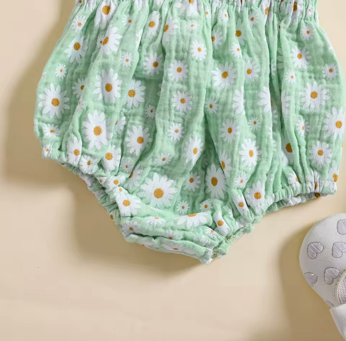 Mint Green Daisy Smocked Baby Romper – with Matching Headband Size 0-3months