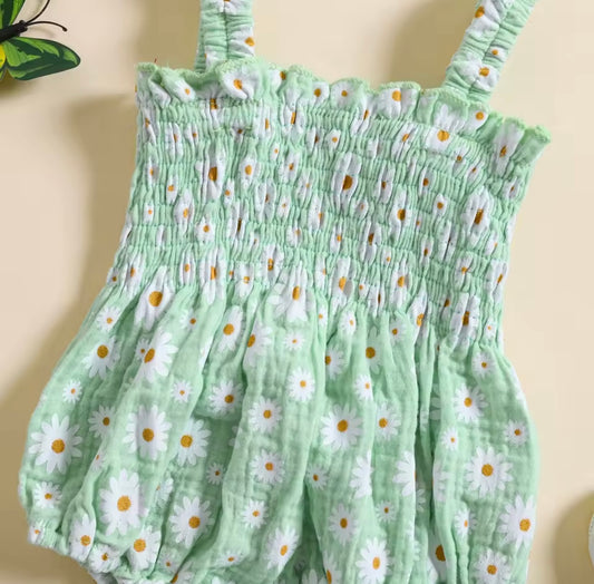 Mint Green Daisy Smocked Baby Romper – with Matching Headband Size 0-3months