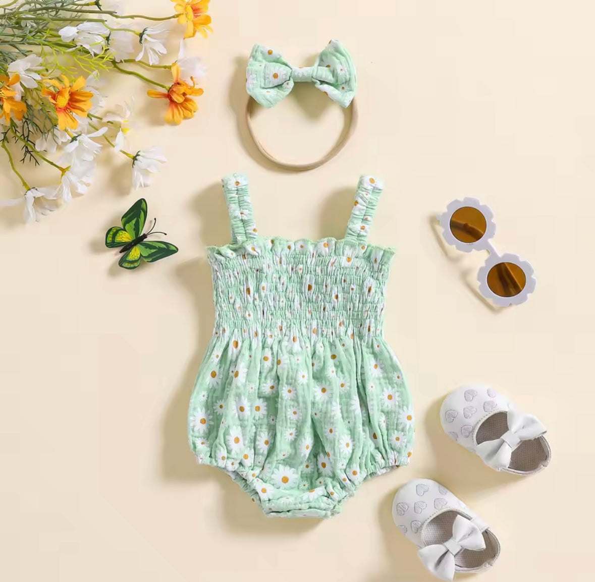 Mint Green Daisy Smocked Baby Romper – with Matching Headband Size 0-3months