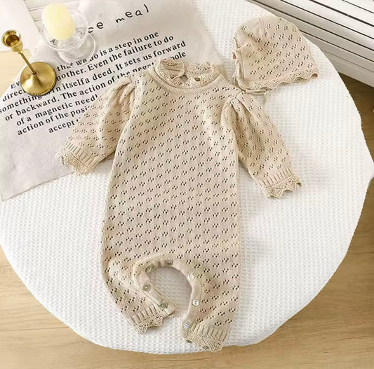 Vintage Knit Baby Romper & Bonnet Set – Beige, Long Sleeve size 3-6 months