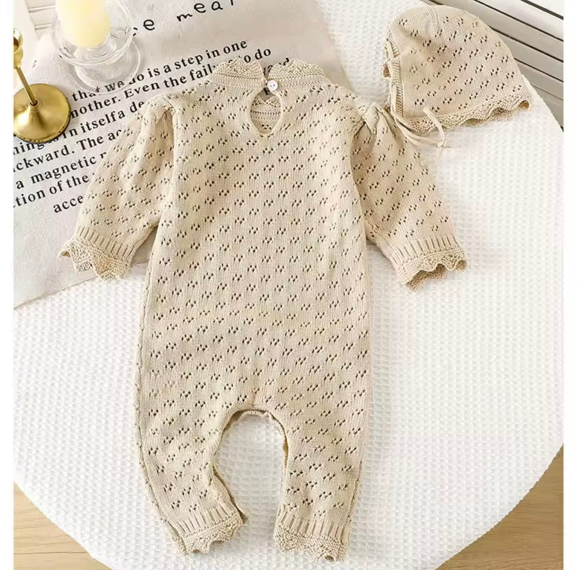 Vintage Knit Baby Romper & Bonnet Set – Beige, Long Sleeve size 3-6 months