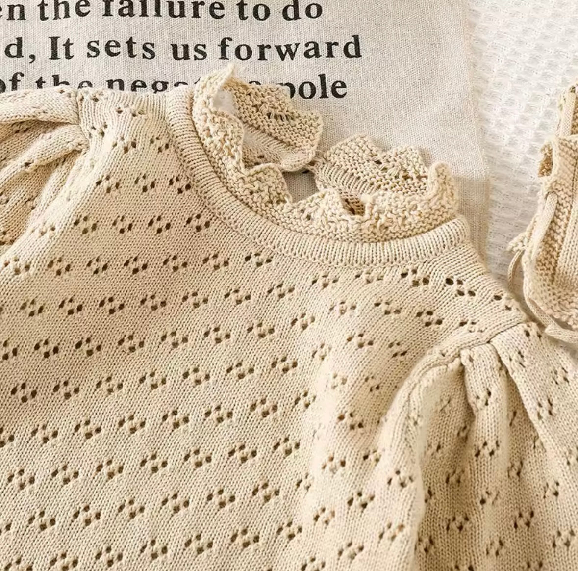 Vintage Knit Baby Romper & Bonnet Set – Beige, Long Sleeve size 3-6 months