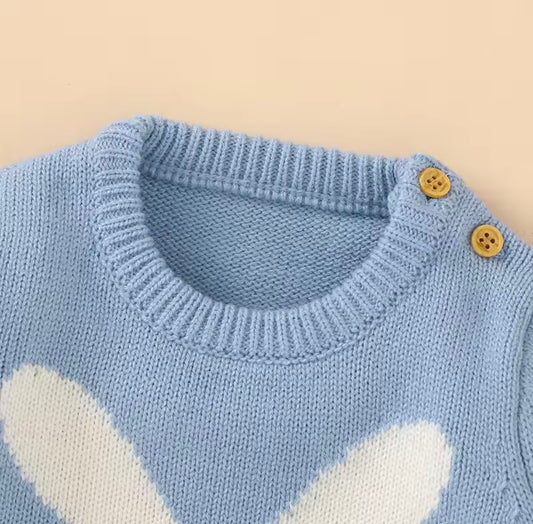 Baby Blue Knit Bunny Romper – Long Sleeve, Wooden Buttons, 3 MONTHS