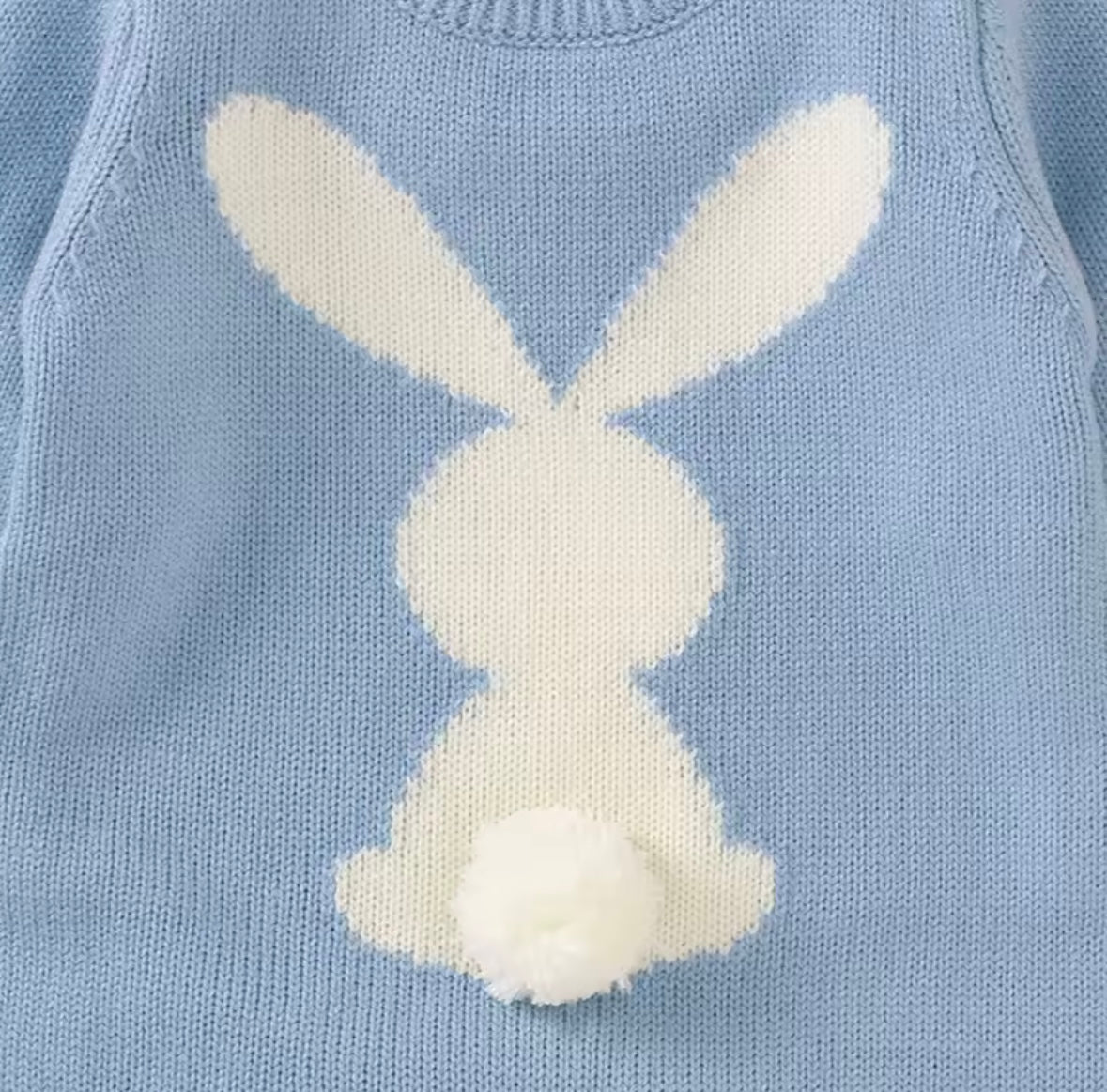 Baby Blue Knit Bunny Romper – Long Sleeve, Wooden Buttons, 3 MONTHS