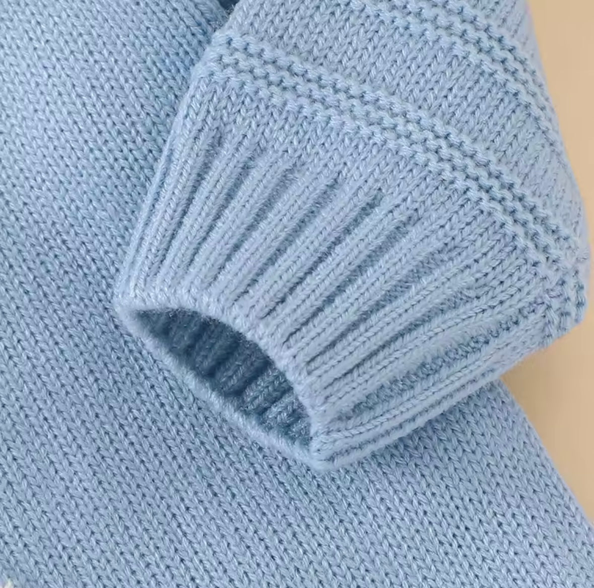 Baby Blue Knit Bunny Romper – Long Sleeve, Wooden Buttons, 3 MONTHS