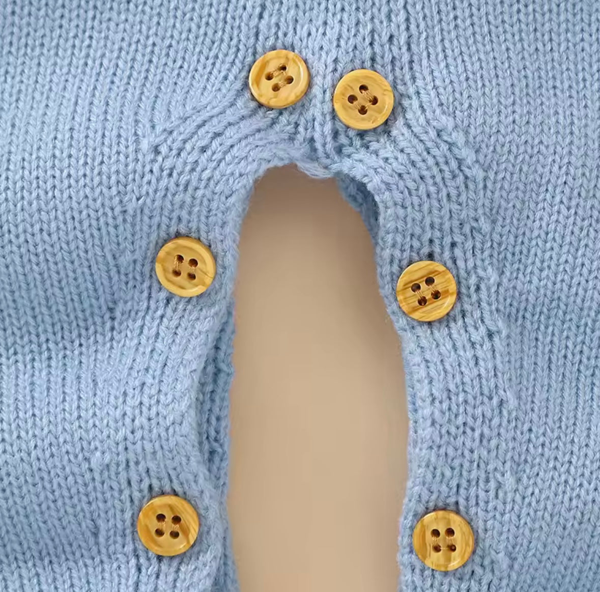 Baby Blue Knit Bunny Romper – Long Sleeve, Wooden Buttons, 3 MONTHS