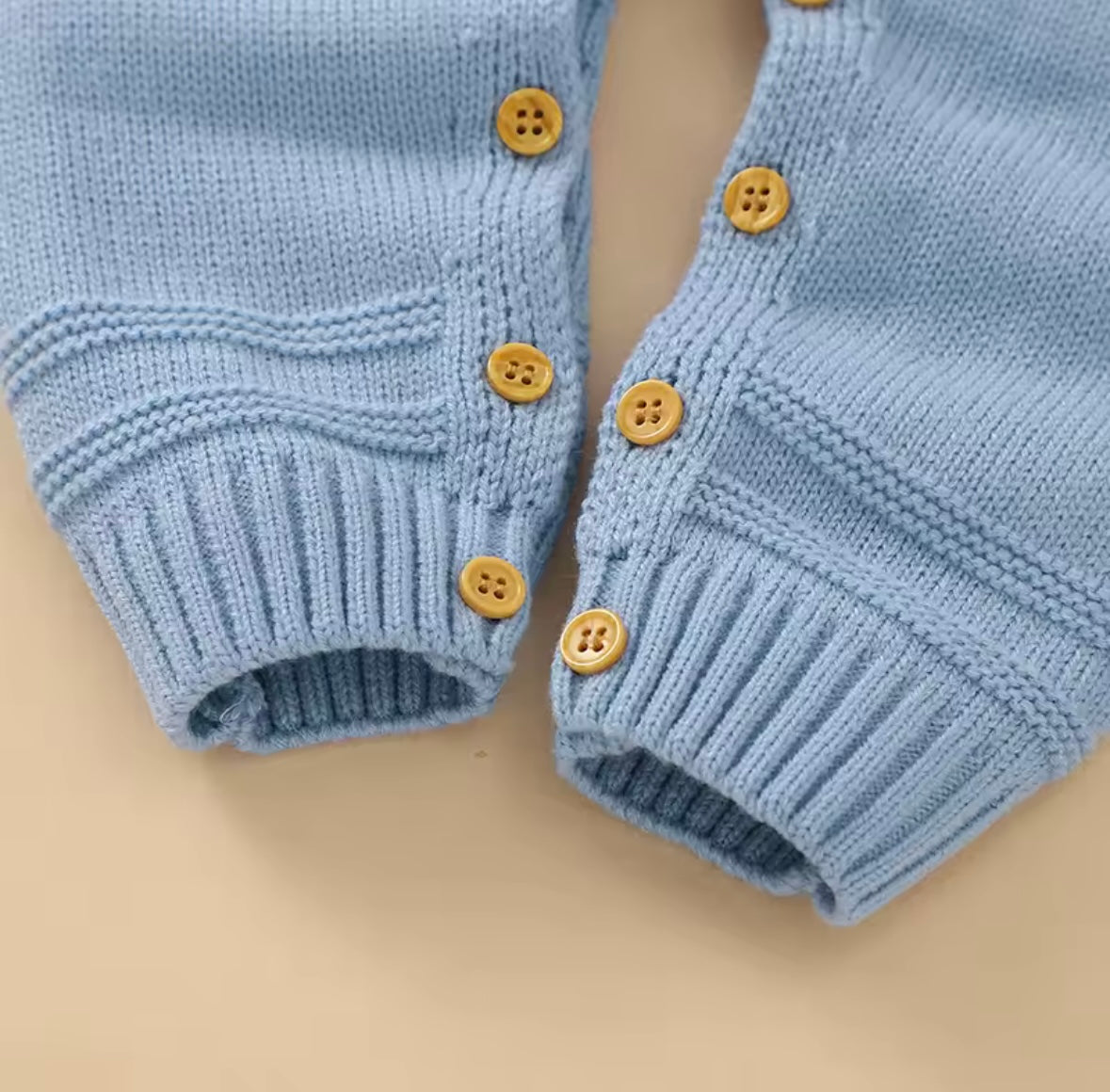 Baby Blue Knit Bunny Romper – Long Sleeve, Wooden Buttons, 3 MONTHS